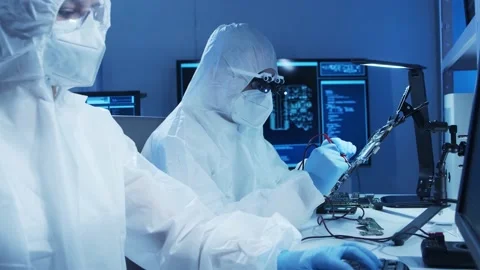 Group of professional engineer is developing a modern microprocessor in a Video stock 155699395