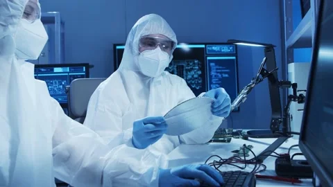 Group of professional engineer is developing a modern microprocessor in a Video stock 155699427