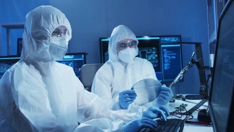 Group of professional engineer is developing a modern microprocessor in a Video stock 156391108