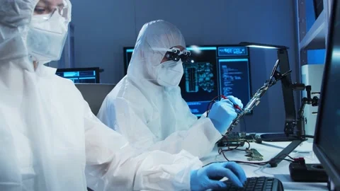 Group of professional engineer is developing a modern microprocessor in a Video stock 156535913