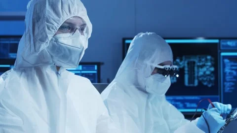 Group of professional engineer is developing a modern microprocessor in a Video stock 156566566