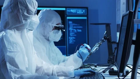 Group of professional engineer is developing a modern microprocessor in a Video stock 157074052