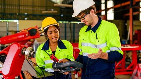 Group of professional mechanical engineer team checking and repairing engine Foto stock