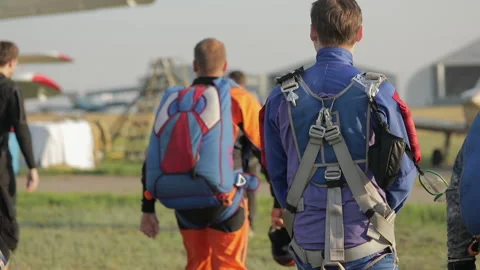 Group professional skydivers goes to the plane, back view Stock Footage 133335900