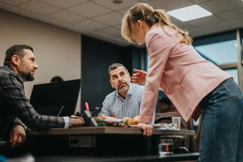 Group of professionals collaborating in a modern office setting during a 库存照片