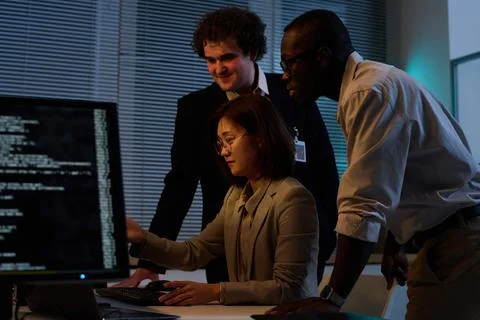 Group of programmers working with security codes 스톡 사진