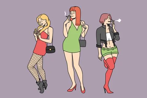Group of prostitutes outside 库存插图