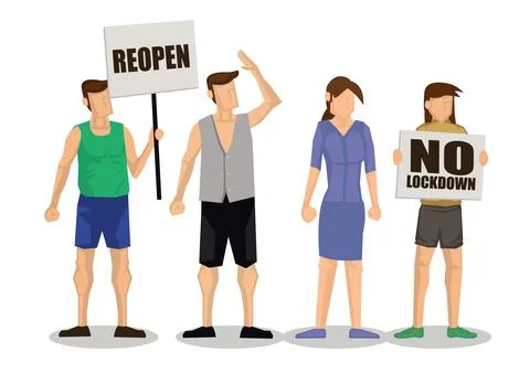 Group of protesters with placard banners against lockdown. Stock Illustration