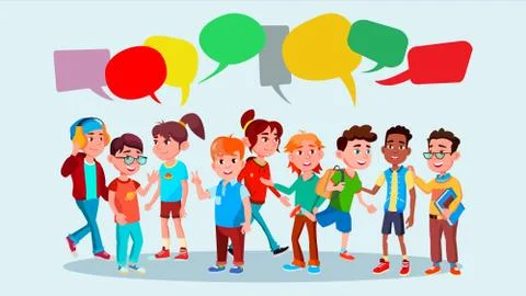Group Of Pupils Vector. School. Mix Race. Chat Bubbles. Communication Bubble Stock Illustration