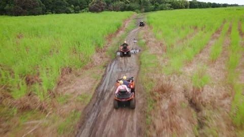 A group of Quad bikers on a fun ride in Nungwi, Zanzibar Stock Footage 313182235