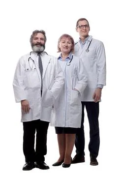 Group of qualified doctors standing together . isolated on a white 스톡 사진