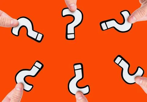 Group of Question Marks in Hands on Red Stock-Fotos