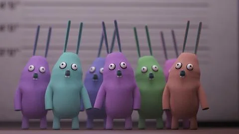 Group of rabbit characters lined up in front of height chart.. Stock Illustration