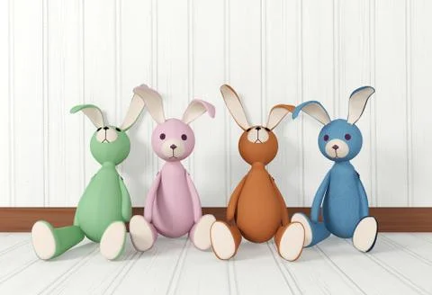 Group of rabbit dolls sitting Stock Illustration