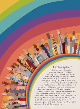 Group raised hands in circle of multicultural and diverse age people. Diversity Stock Illustration