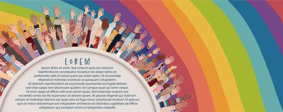 Group raised hands in circle of multicultural and diverse age people. Diversity Stock Illustration
