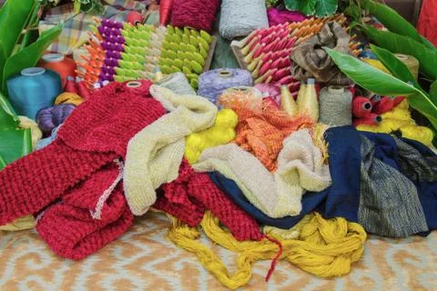 Group of raw silk thread and messaline Stock Photos