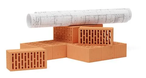 Group of red brick stones stacked with architectural building plans on top .. Stock Illustration