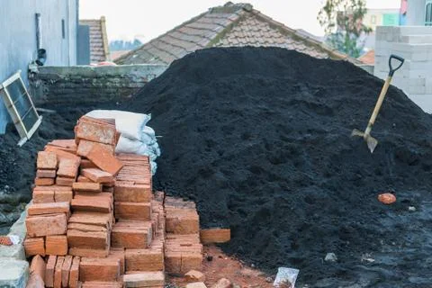 Group of red bricks Inside building with construction unfinished Stock Photos