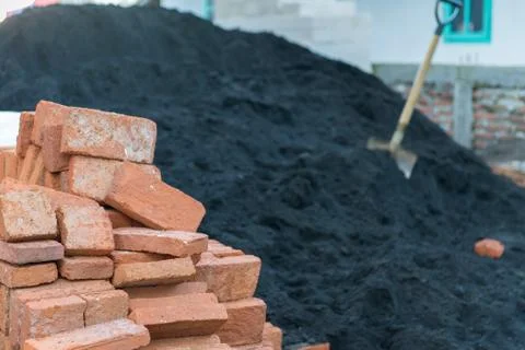 Group of red bricks Inside building with construction unfinished Stock Photos