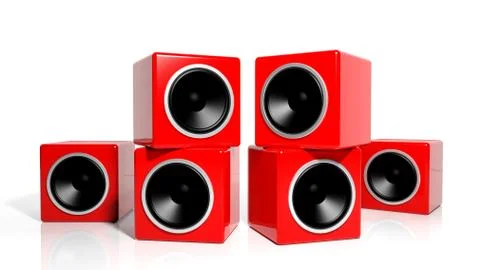 Group of red cubes computer speakers isolated on white Stock Illustration