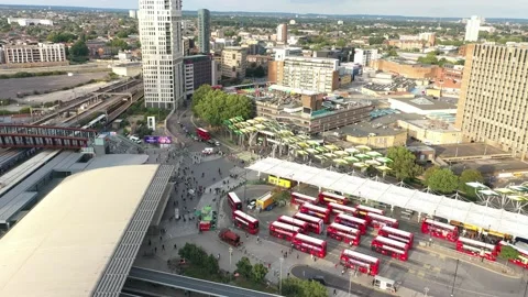 Group of red double decker buses on Stratford Bus Station Stock-Footage 166449444
