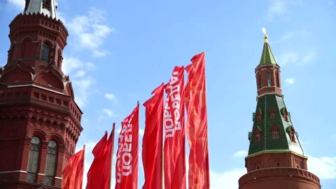 Group of red flags by Moscow Kremlin Stock Footage 192326894