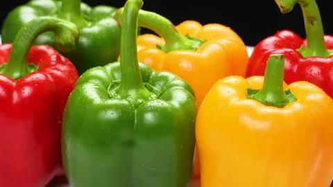 Group Red Yellow Green Bell Peppers Rotating Close Up With Water Drops Stock Footage 325567386
