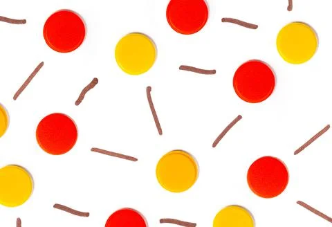 Group of red yellow interconnected dot nodes, abstract set of objects Stock Photos