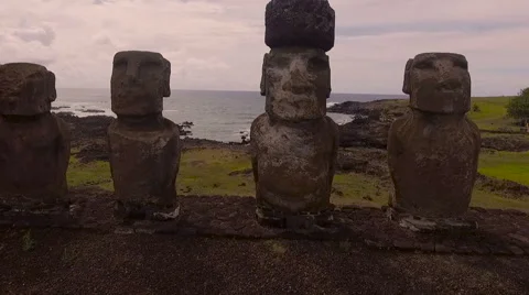 Group of restored moai at Tongariki, Easter Island, in the afternoon sunshine Stock Footage 63299615