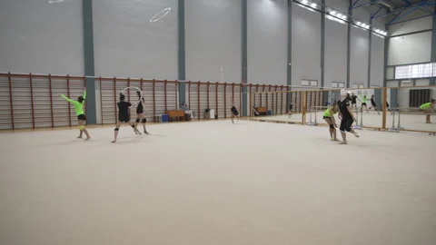Group of rhythmic gymnasts throw hoops high during routine Stock Footage 317148132