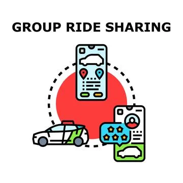 Group ride sharing transportation technology application concept Stock Illustration