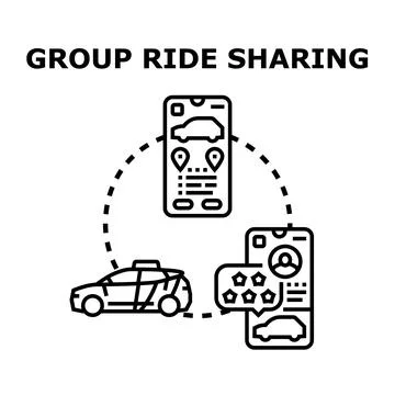 Group ride sharing transportation technology application concept Stock Illustration