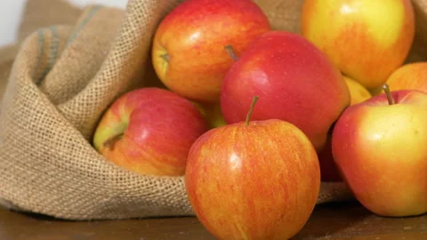 Group of ripe red apples with burlap sack Stock Footage 141039905
