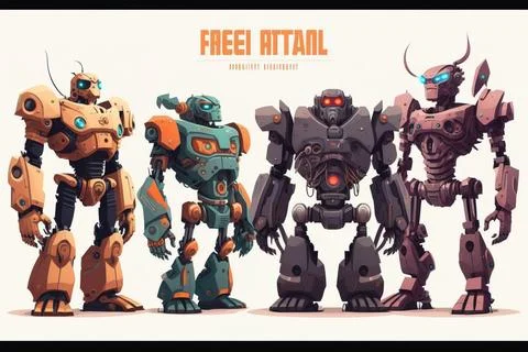 A group of robot like creatures standing next to each other on a white back.. Illustrazione stock