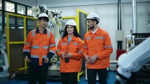 A group of Robotics engineers working with Programming and Manipulating Rob.. Video stock 280789051