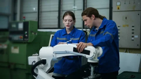 A group of Robotics engineers working with Programming and Manipulating Rob.. Stock Footage 280791388
