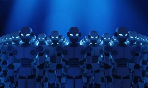 Group of robots on blue background, artificial intelligence in futuristic tec Stock Illustration