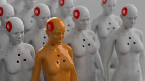 A group of robots in a female form, one of which has a clear difference from  库存插图
