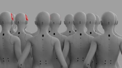Group of robots in female image standing in rows artificial intelligence and  Stock Illustration