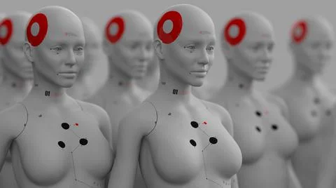 Group of robots in female image standing in rows artificial intelligence and  Stock Illustration