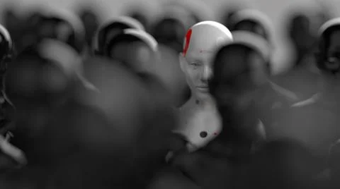 A group of robots standing in rows one robot from all has a clear difference 库存插图