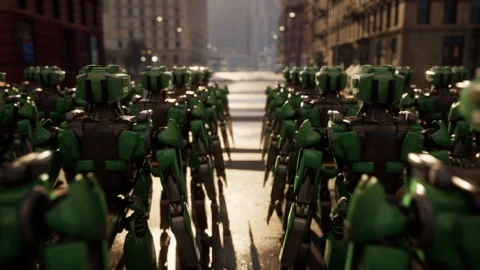 Group of robots standing on the way to the metropolis. 3d animation. future Stock Footage 254173659