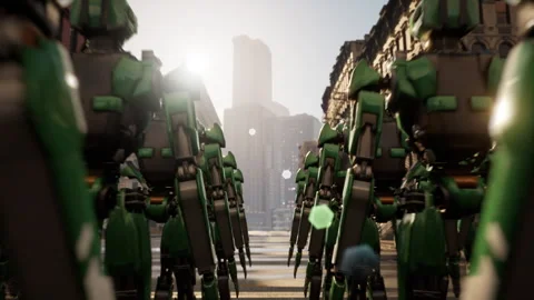 Group of robots standing on the way to the metropolis. 3d animation. future Stock Footage 254792236