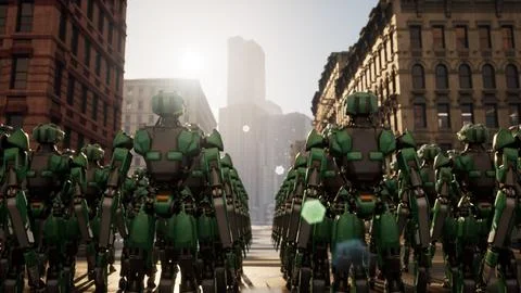 Group of robots standing on the way to the metropolis. 3d animation. future Ilustración de archivo