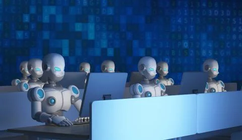 Group of robots using computers with data code. Artificial intelligence in fu 스톡 일러스트
