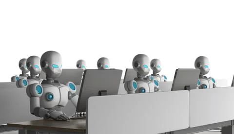 Group of robots using computers on white background. Artificial intelligence  Illustrazione stock
