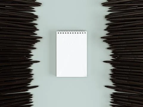 Group row pens and notepad in center. 3D rendering Stock Illustration