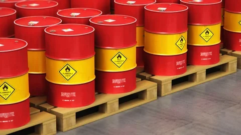 Group of rows of red stacked oil drums in storage warehouse Stock Footage 95624416