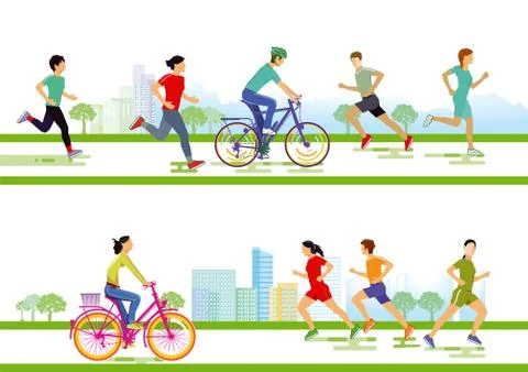 Group of runners and cyclists Stock Illustration